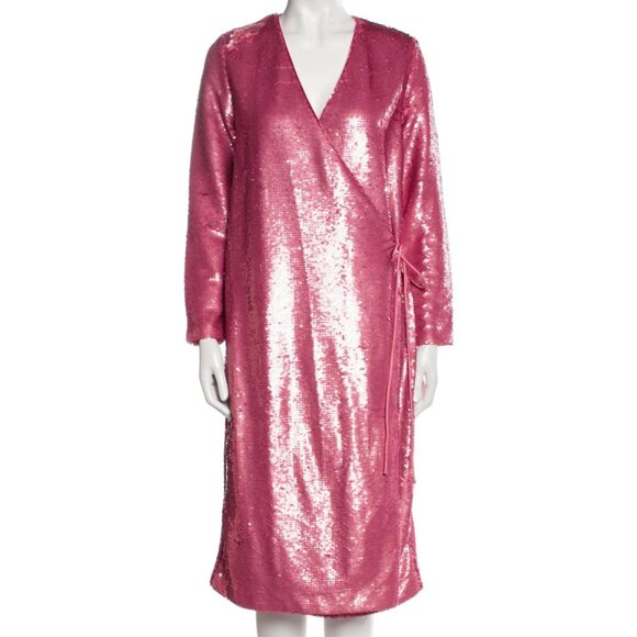 NEW Ganni Sonora Sequin Pink Wrap Dress Size M Midi Embellish‎ Shimmer Party - Picture 1 of 5